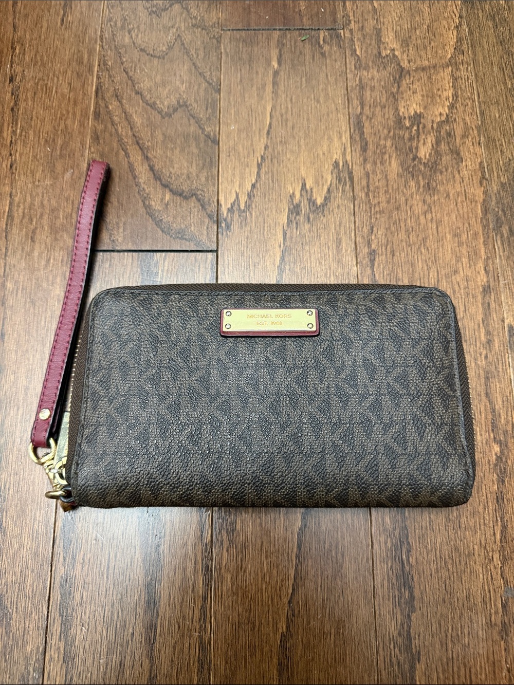 Michael Kors Brown Signature Zip-Around Wristlet Wallet with Burgundy Strap